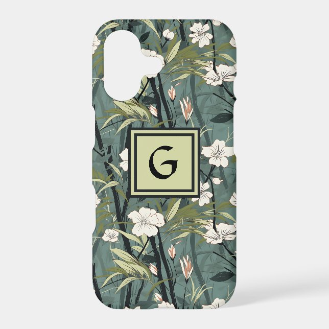 Sage Green Chinoiserie Floral White Initial  (Verso)