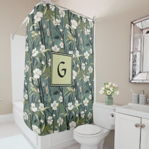 Sage Green Chinoiserie Floral White Initial