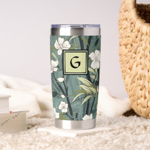 Sage Green Chinoiserie Floral White Initial  Insulated Tumbler