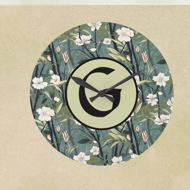 Sage Green Chinoiserie Floral White Initial  Large Clock (Creator Uploaded)