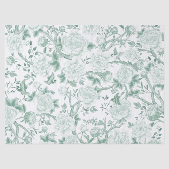 Sage Green Chinoiserie Porcelain Floral Decoupage Tissue Paper (Front)