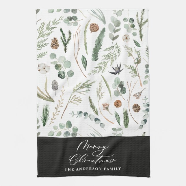 Sage green Christmas minimal botanical Kitchen Towel (Vertical)