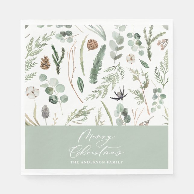 Sage green Christmas minimal botanical Napkin (Front)