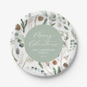 Sage green Christmas minimal botanical Paper Plate