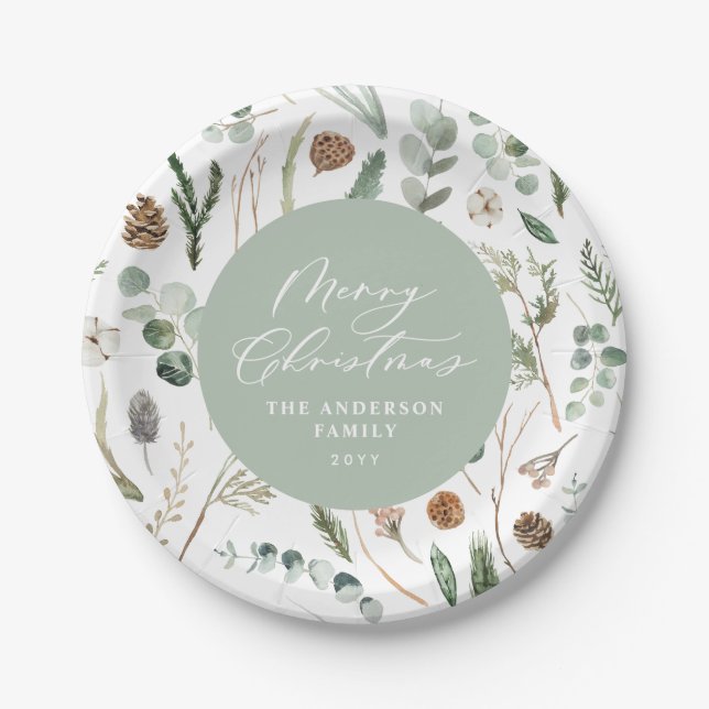 Sage green Christmas minimal botanical Paper Plate (Front)