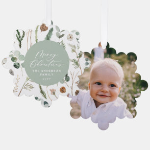 Sage green Christmas minimal botanical photo Ornament Card
