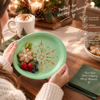 Sage Green Christmas Napkins with Gold Snowflake, Paper Plate