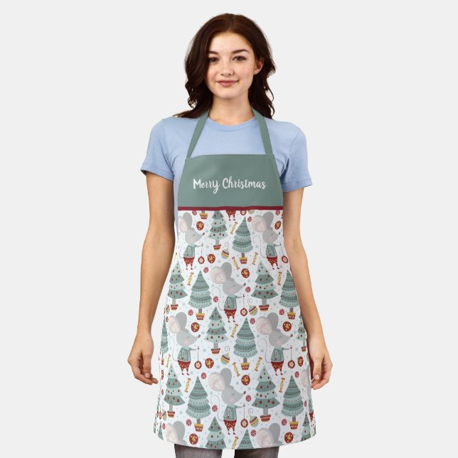 Sage Green Christmas Tree, Mouse, Gifts Apron (Worn)
