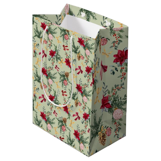 Sage Green Christmas Winter Greenery & Bow Pattern Medium Gift Bag (Back Angled)