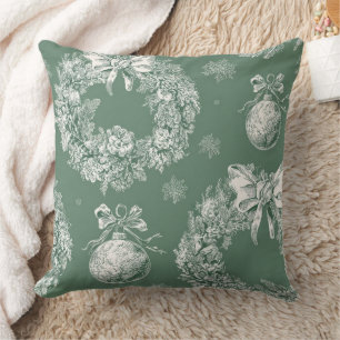 Sage Green Christmas Wreath Toile Ivory Snowflakes Throw Pillow