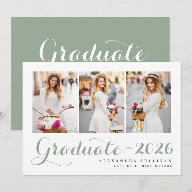 Sage Green Class of 2025 Photo Collage Graduation Invitation (Front/Back)
