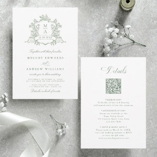 Sage Green Classic Floral Crest Wedding All in One Invitation