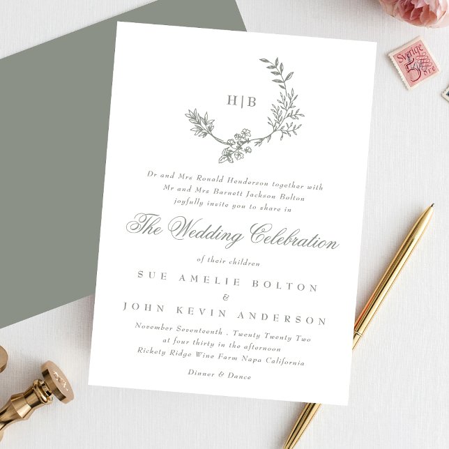 Sage Green Classic Floral Wreath Monogram Wedding Invitation (Creator Uploaded)