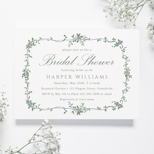 Sage Green Classic French Floral Bridal Shower Invitation (Creator Uploaded)