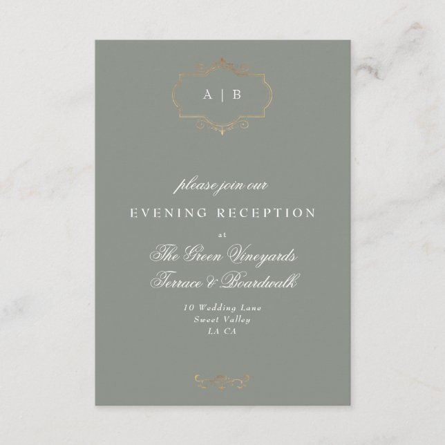 sage green classic gold monogram wedding enclosure card (Front)