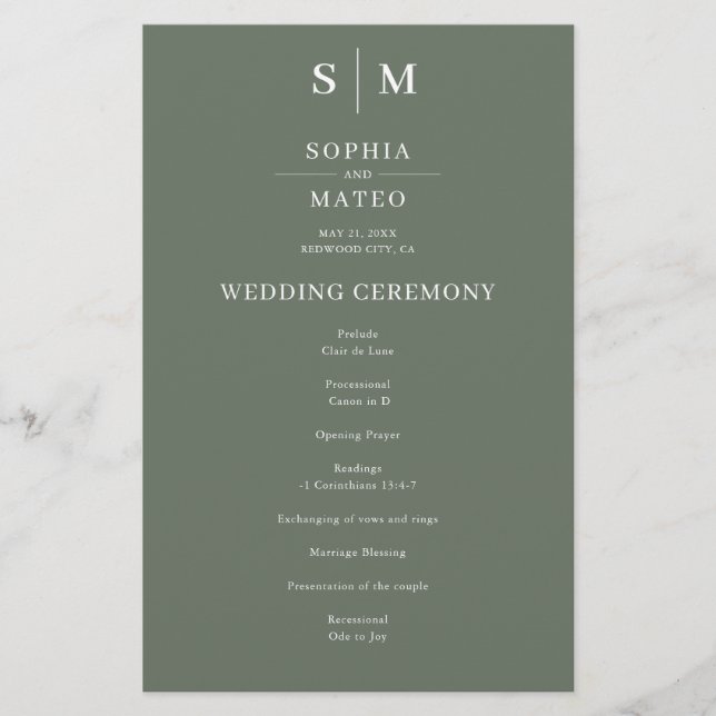 Sage Green Classic Minimalist Wedding Program (Front)