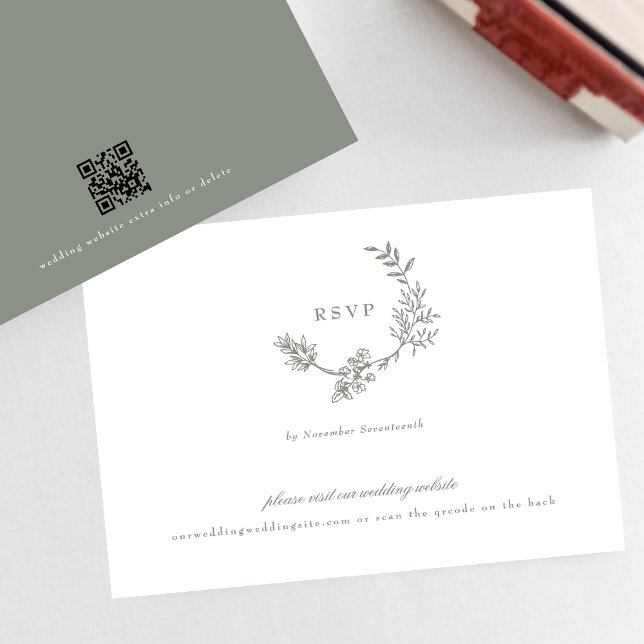 Sage Green classic monogram QR CODE wedding wreath RSVP Card (Creator Uploaded)