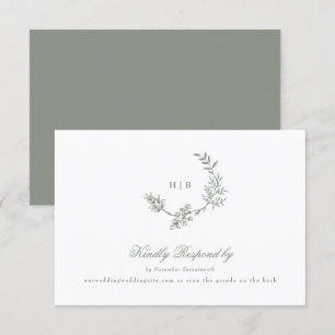 Sage Green classic monogram QR CODE wedding wreath RSVP Card