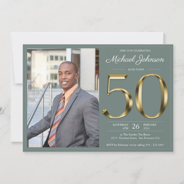 Sage Green Classy 50th Gold Custom Photo Birthday Invitation (Front)