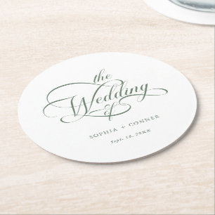 Sage Green Classy Calligraphy Wedding Round Paper Coaster