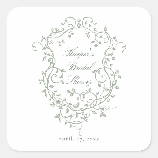 Sage Green Classy French Victorian Bridal Shower Square Sticker (Front)