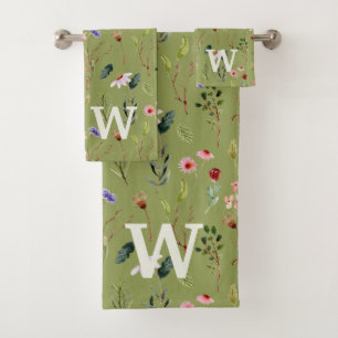 Sage Green, Colourful Floral Personalized Monogram Bath Towel Set