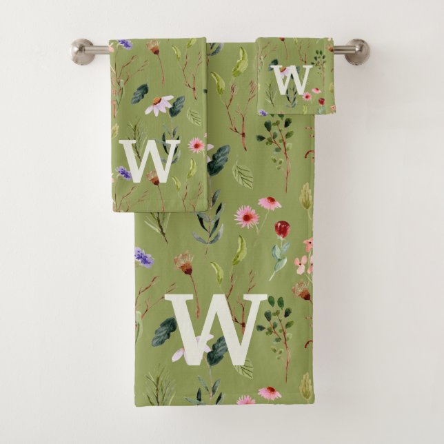 Sage Green, Colourful Floral Personalized Monogram Bath Towel Set (Insitu)