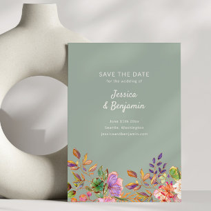 Sage Green Colourful Watercolor Flowers Wedding Save The Date