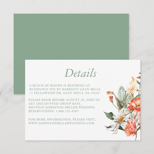 Sage Green Coral Pink Floral Wedding Details Card (Front/Back)