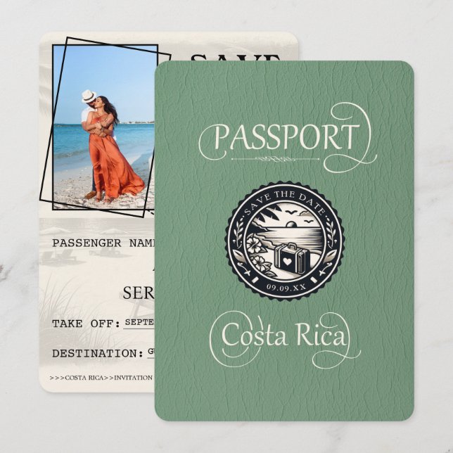 Sage Green Costa Rica Passport Save The Date (Front/Back)