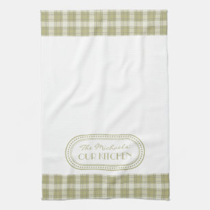 Sage Green Country Plaid Pattern Monogram Kitchen Towel