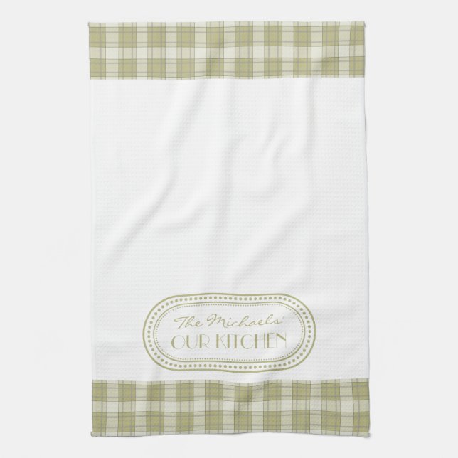 Sage Green Country Plaid Pattern Monogram Kitchen Towel (Vertical)