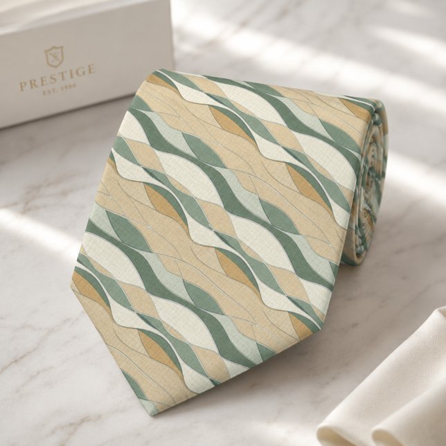 Sage Green Cream Abstract Wavy Pattern Tie (Creator Uploaded)