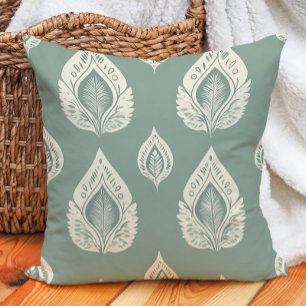 Sage Green Cream Artistic Leaves Nature Throw Pillow