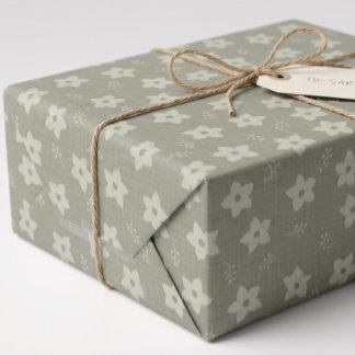 Sage Green Cream Daffodil Floral Cottagecore Wrapping Paper