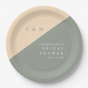 Sage Green Cream Elegant Monogram Bridal Shower Paper Plate