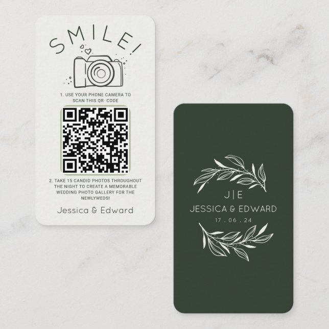 Sage Green Cream Memorable Photos Qr Code wedding Place Card (Front/Back)