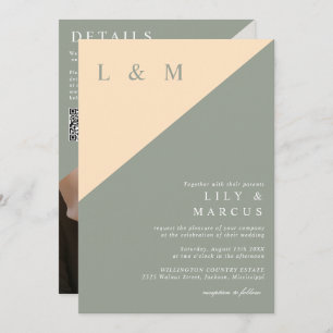 Sage Green Cream Minimalist Wedding Photo QR Code Invitation