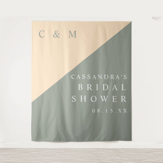 Sage Green Cream Monogram Bridal Shower Backdrop Tapestry (Front)