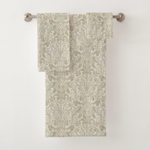Sage Green Cream Vintage Scrollwork Bath Towel Set