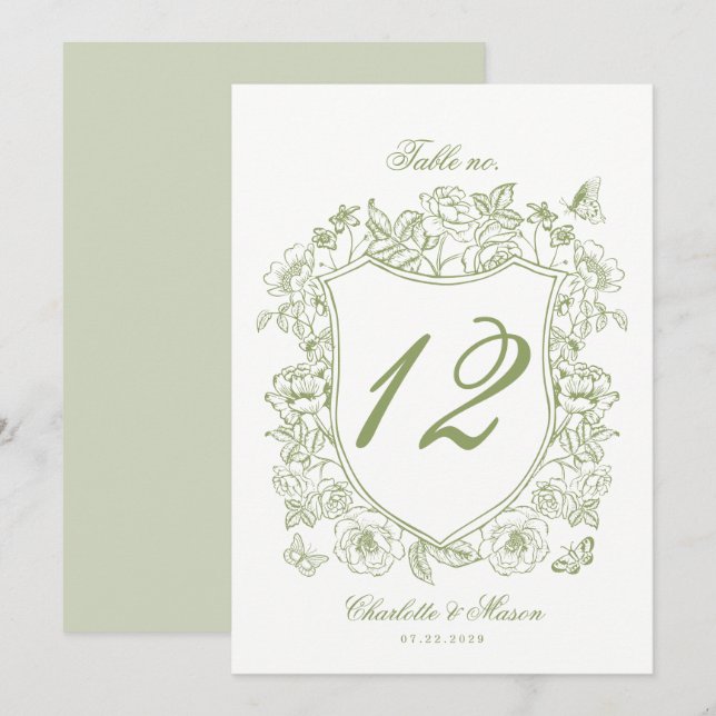 Sage Green Crest Garden Wedding Table Number Card (Front/Back)