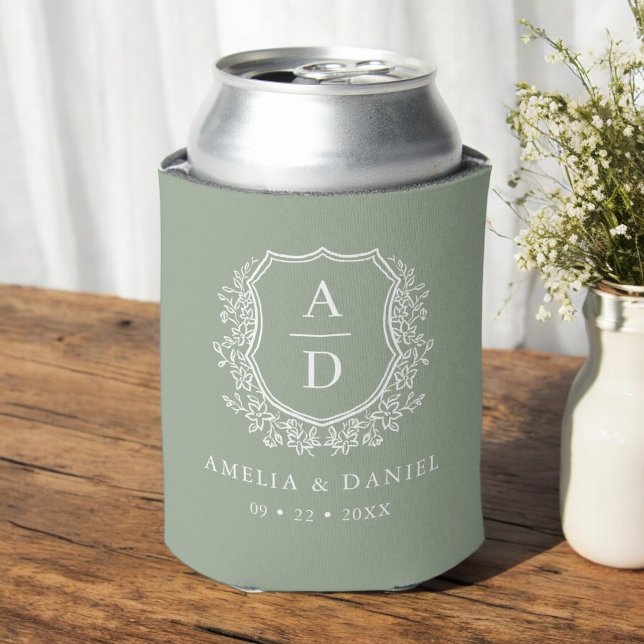 Sage Green Crest Modern Monogram Wedding  Can Cooler (Creator Uploaded)