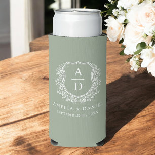 Sage Green Crest Modern Monogram Wedding Seltzer Can Cooler