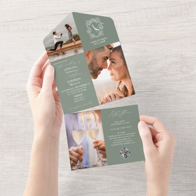 Sage Green Crest Monogram 3 Photo QR Code Wedding All In One Invitation (Tearaway)