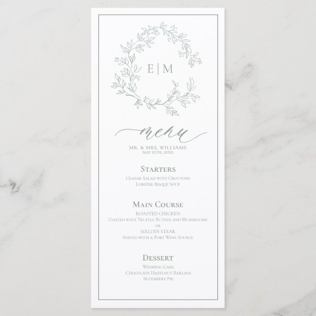Sage Green Crest Monogram Mariage Menu (Devant)