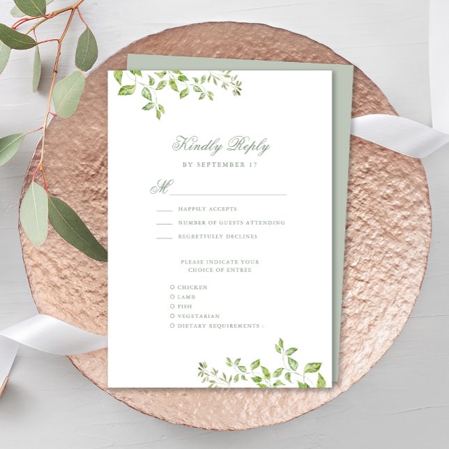 Sage Green Crest Monogram Modern Greenery Wedding RSVP Card (Creator Uploaded)