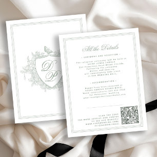 Sage green crest monogram QR code wedding details Enclosure Card