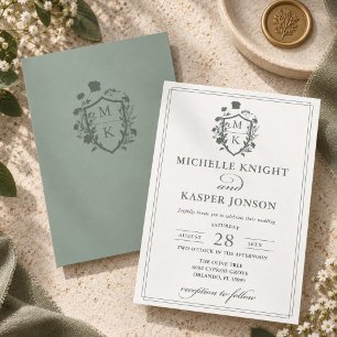 Sage Green Crest Monogram Simple Wedding  Invitation