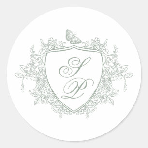 Sage green crest monogram wedding classic round sticker