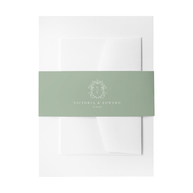 Sage Green Crest Monogram Wedding Invitation Belly Band (Front Example)